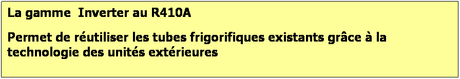 Zone de Texte: La gamme&nbsp; Inverter au R410A
Permet de r�utiliser les tubes frigorifiques existants gr�ce � la technologie des unit�s ext�rieures
&nbsp;
Am�lioration exceptionnelle du COP !!!
Comparaison des COP <R410A INV par rapport � R407C standard> &nbsp;
COP ( coefficient optimum de performence). 
&nbsp;
&nbsp;
&nbsp;
